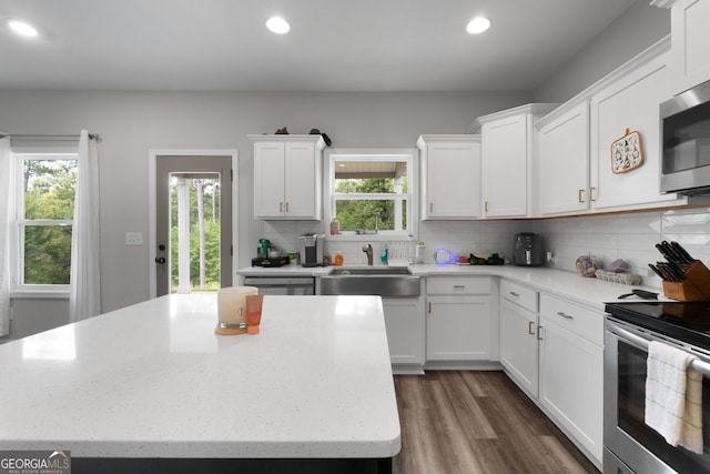 kitchen with white cabinets, appliances with stainless steel finishes, dark hardwood / wood-style floors, and sink