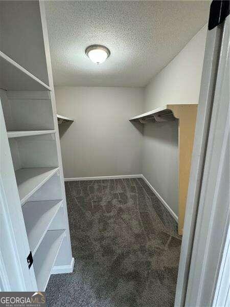 walk in closet with dark carpet