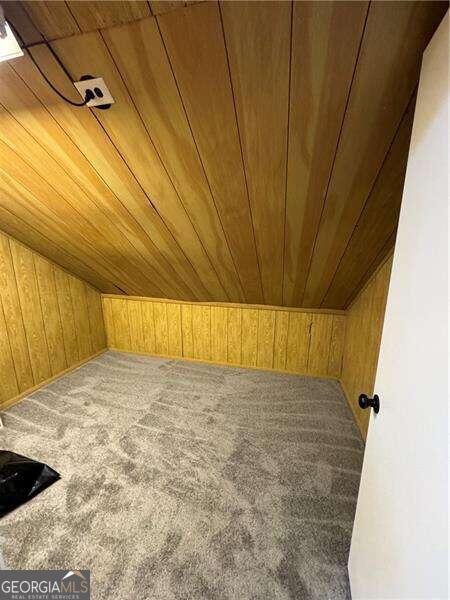 bonus room with wood walls, wooden ceiling, and carpet flooring