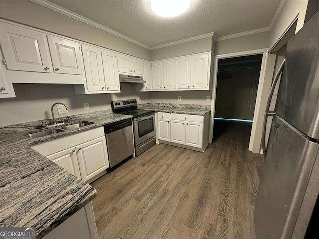 kitchen featuring appliances with stainless steel finishes, sink, dark hardwood / wood-style flooring, and white cabinetry