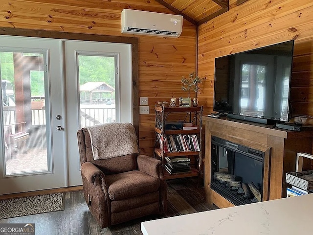 living area with a wall mounted air conditioner, wood walls, wooden ceiling, vaulted ceiling, and dark hardwood / wood-style flooring