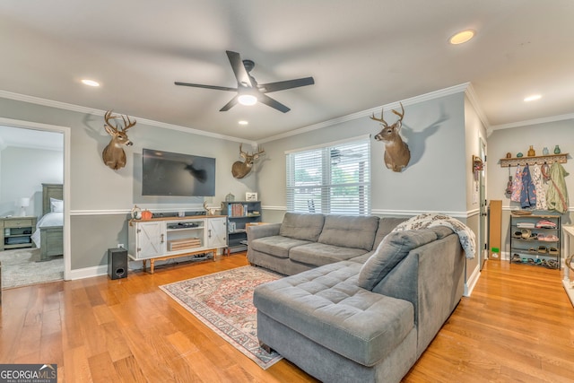 living room with ornamental molding, light hardwood / wood-style floors, and ceiling fan