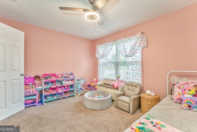 carpeted bedroom with ceiling fan