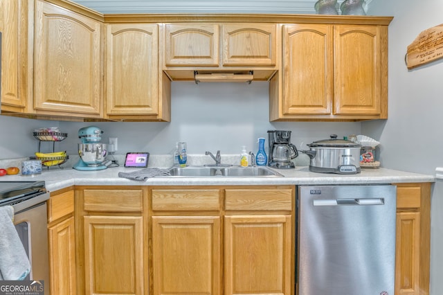 kitchen featuring light brown cabinetry, stainless steel appliances, and sink