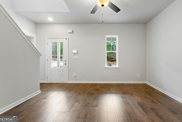 foyer entrance featuring a wealth of natural light, dark hardwood / wood-style flooring, and ceiling fan