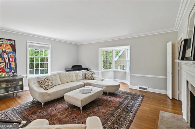 living room with ornamental molding, hardwood / wood-style floors, and a healthy amount of sunlight