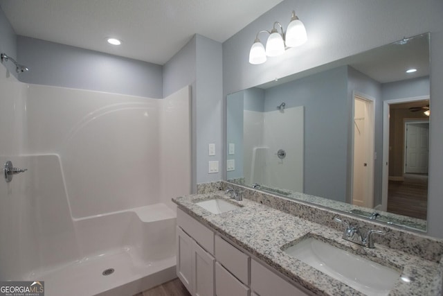 bathroom with vanity and walk in shower