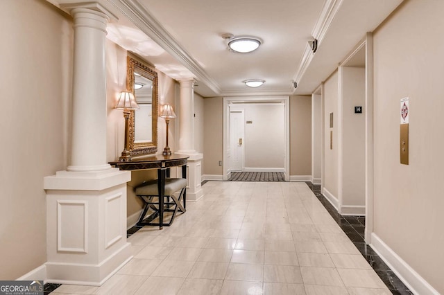 hallway with crown molding and decorative columns