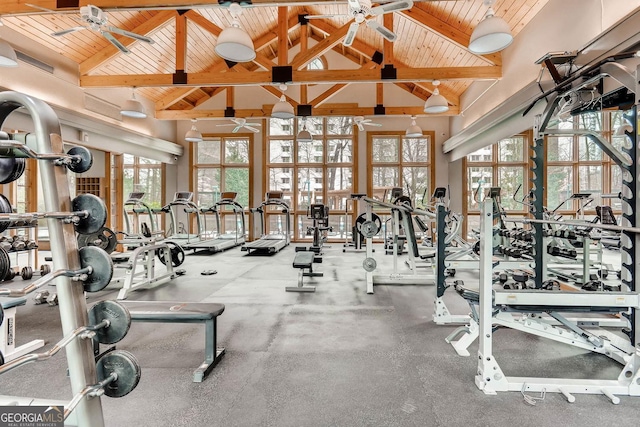 workout area with wooden ceiling and high vaulted ceiling