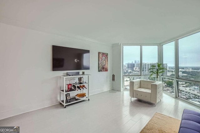 living room featuring crown molding and floor to ceiling windows