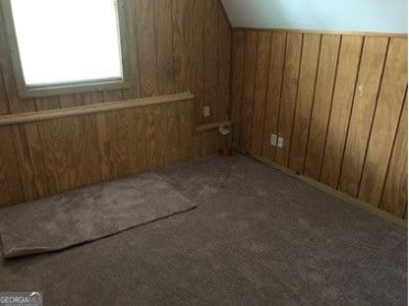 bonus room with wood walls and dark carpet