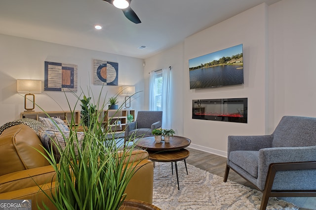 living room featuring wood-type flooring and ceiling fan