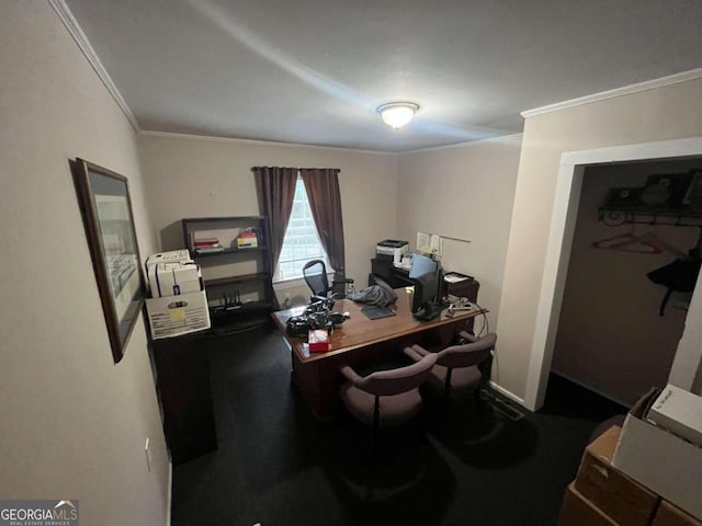 carpeted office space featuring crown molding