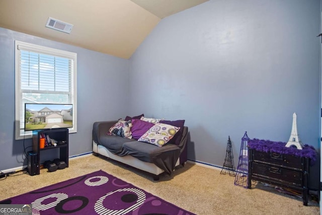 carpeted bedroom featuring lofted ceiling