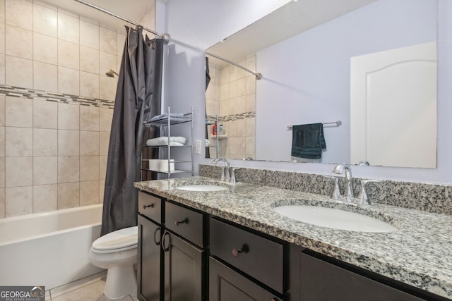 full bathroom featuring tile patterned flooring, shower / bathtub combination with curtain, toilet, and vanity