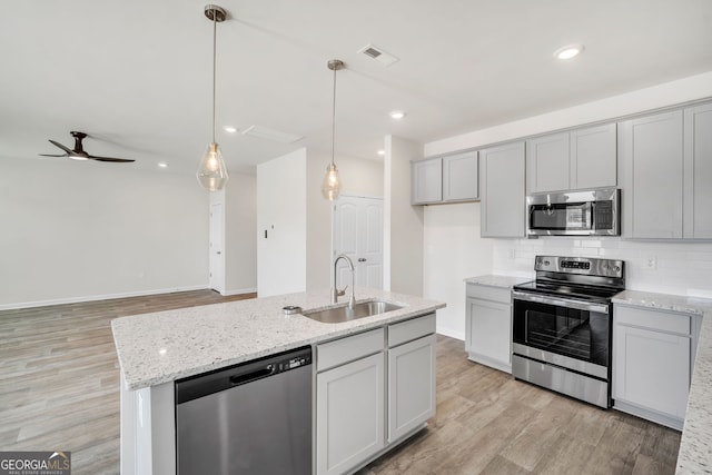 kitchen featuring light wood finished floors, visible vents, decorative backsplash, appliances with stainless steel finishes, and a sink