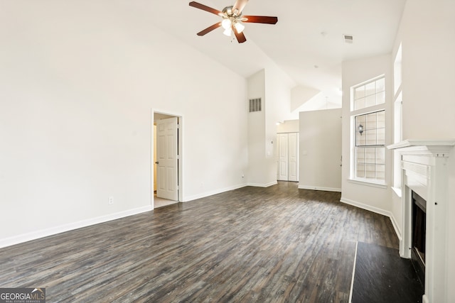 unfurnished living room featuring high vaulted ceiling, ceiling fan, and dark wood-type flooring