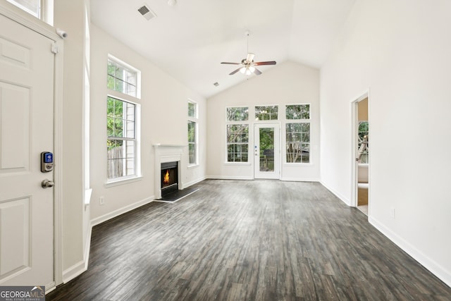 unfurnished living room featuring high vaulted ceiling, ceiling fan, and dark hardwood / wood-style flooring