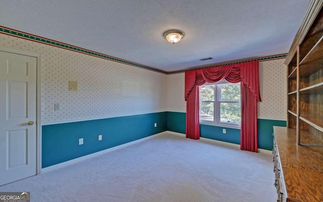 spare room featuring a textured ceiling and light colored carpet