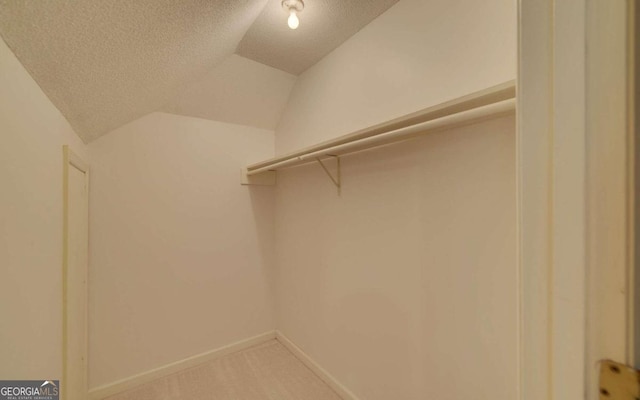 walk in closet with carpet floors and vaulted ceiling