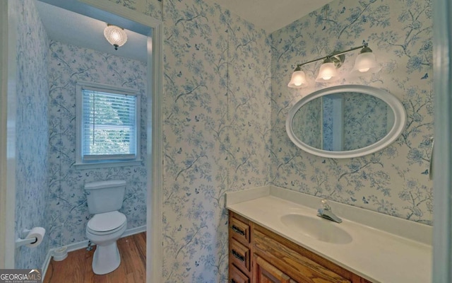 bathroom with vanity, toilet, and hardwood / wood-style flooring