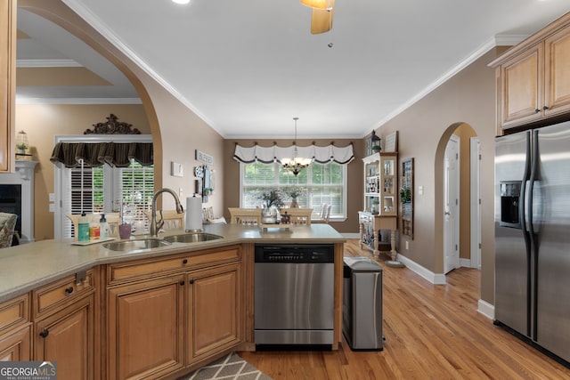 kitchen with ceiling fan with notable chandelier, appliances with stainless steel finishes, light hardwood / wood-style flooring, and a healthy amount of sunlight