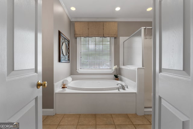 bathroom with shower with separate bathtub, tile patterned flooring, and crown molding