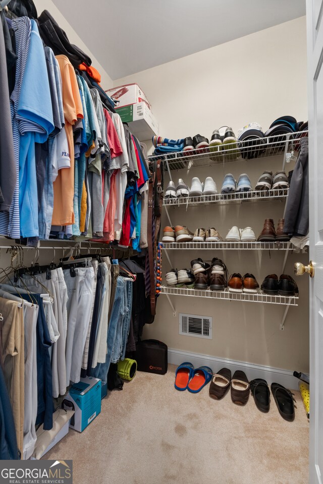 walk in closet with carpet