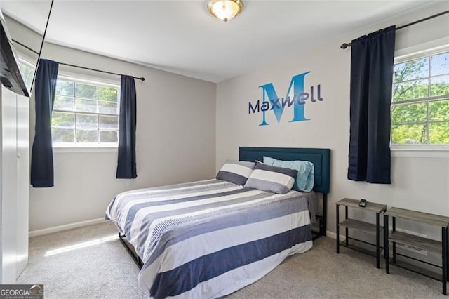 bedroom with multiple windows and carpet floors