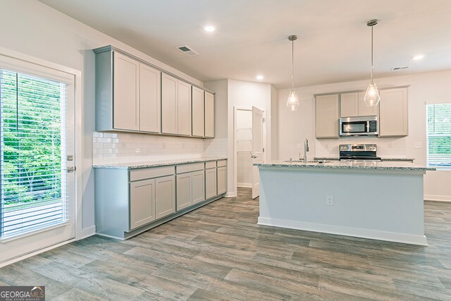 kitchen featuring gray cabinetry, appliances with stainless steel finishes, hardwood / wood-style flooring, and a healthy amount of sunlight