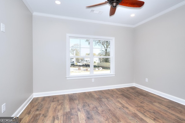 unfurnished room with ceiling fan, dark hardwood / wood-style flooring, and ornamental molding