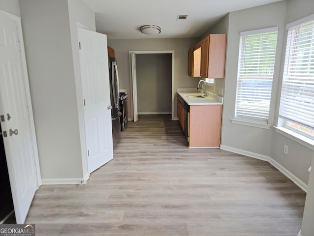 kitchen with a textured ceiling, light hardwood / wood-style floors, and sink