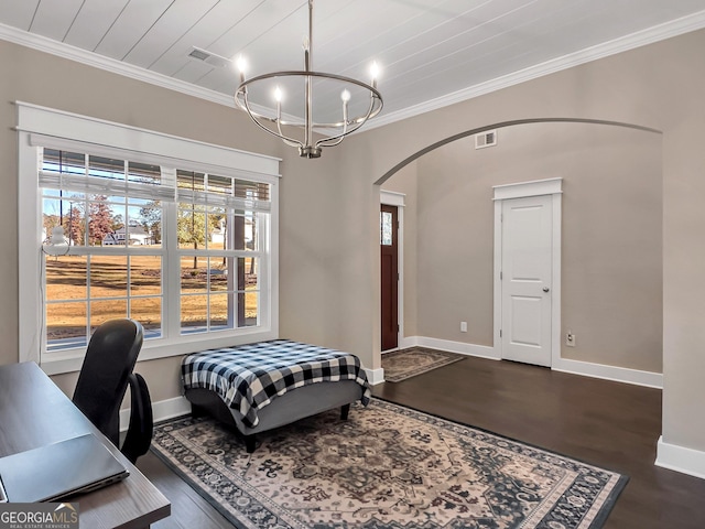 office space with ornamental molding, wooden ceiling, an inviting chandelier, and dark wood-type flooring