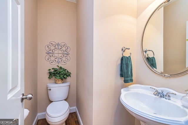 bathroom with wood-type flooring, toilet, and sink