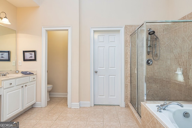 full bathroom with vanity, separate shower and tub, toilet, and tile patterned floors