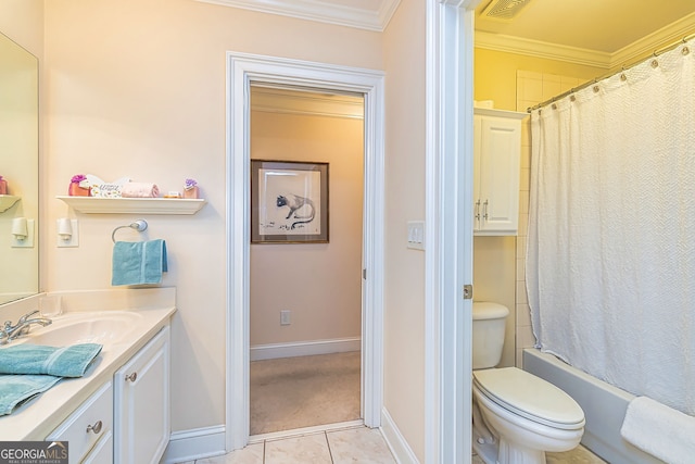 full bathroom with shower / bath combo, tile patterned floors, ornamental molding, vanity, and toilet