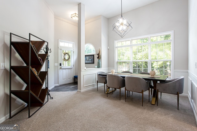 interior space with a high ceiling, carpet, and a wealth of natural light