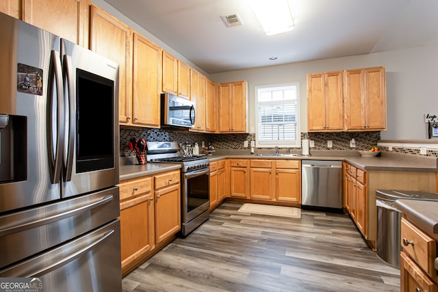 kitchen with wood-type flooring, appliances with stainless steel finishes, sink, and decorative backsplash