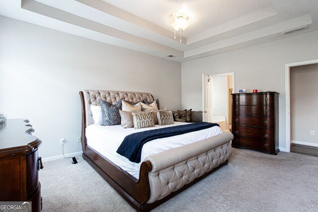 carpeted bedroom featuring a raised ceiling