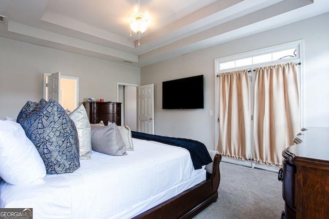 bedroom with a raised ceiling and carpet floors