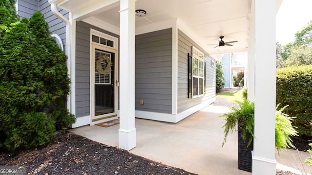 view of patio / terrace featuring ceiling fan and covered porch