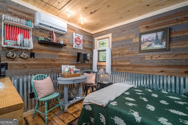 bedroom featuring hardwood / wood-style flooring, wooden walls, wood ceiling, and an AC wall unit