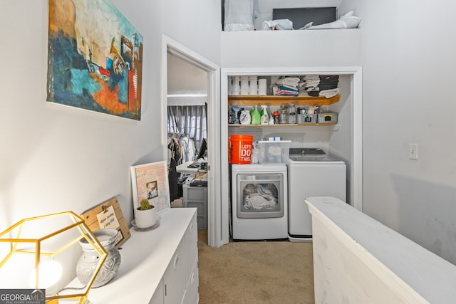 washroom with light carpet and washing machine and clothes dryer