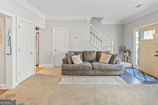 carpeted living room with crown molding