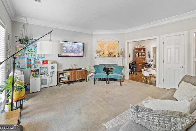 carpeted living room with ornamental molding