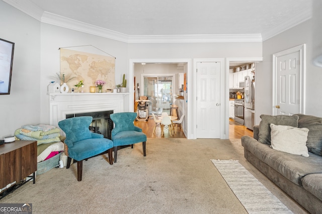 carpeted living room with crown molding