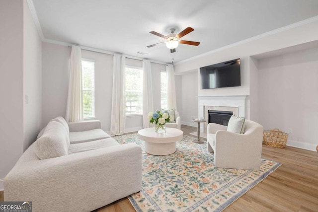 living room with ceiling fan, ornamental molding, and wood-type flooring