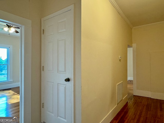 hall with ornamental molding and dark wood-type flooring