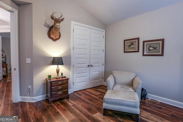 sitting room featuring vaulted ceiling and dark wood-type flooring