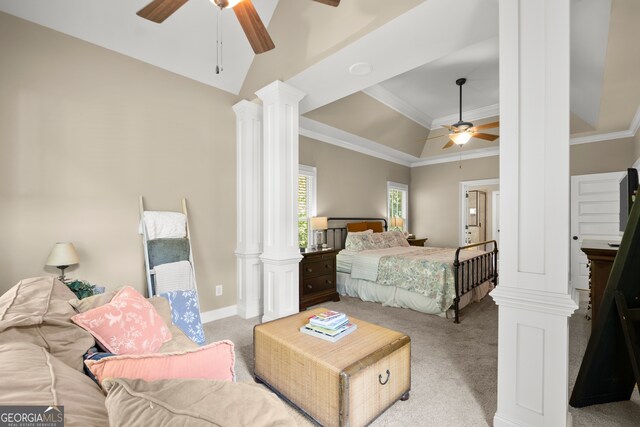 bedroom with ceiling fan, light colored carpet, and ornate columns